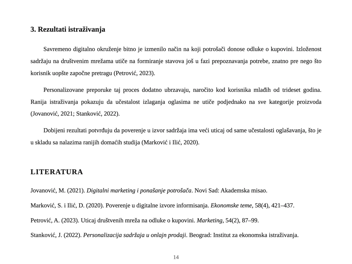 Stranica rada sa obostrano poravnatim tekstom, citatima u zagradama i uredno formatiranim spiskom literature